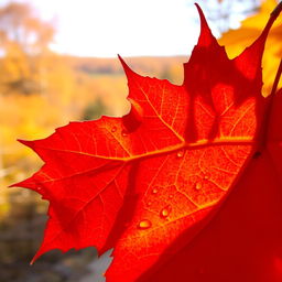 A close-up of a vibrant maple leaf with intricate details, showcasing its brilliant fall colors of red, orange, and yellow