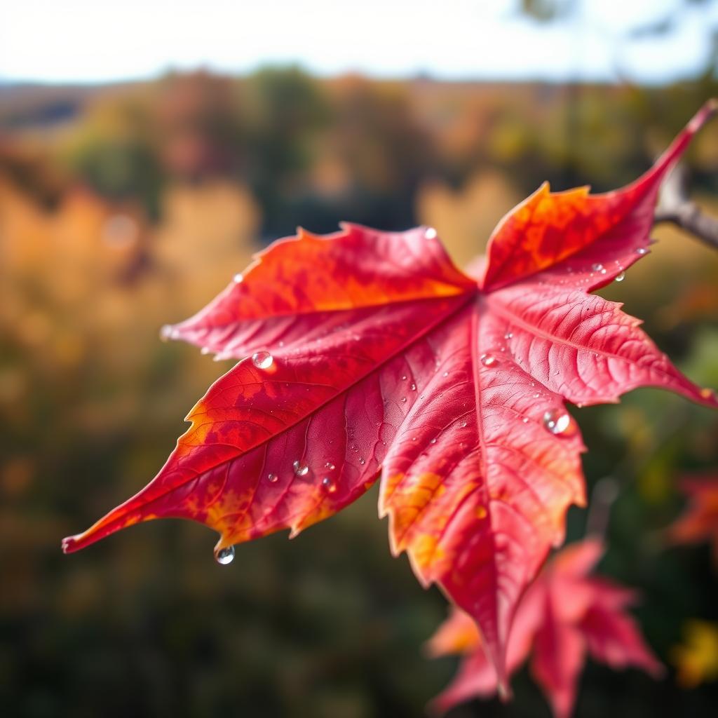 A close-up of a vibrant maple leaf with intricate details, showcasing its brilliant fall colors of red, orange, and yellow