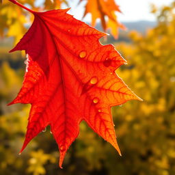 A close-up of a vibrant maple leaf with intricate details, showcasing its brilliant fall colors of red, orange, and yellow