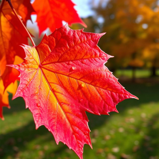 A close-up of a vibrant maple leaf with intricate details, showcasing its brilliant fall colors of red, orange, and yellow