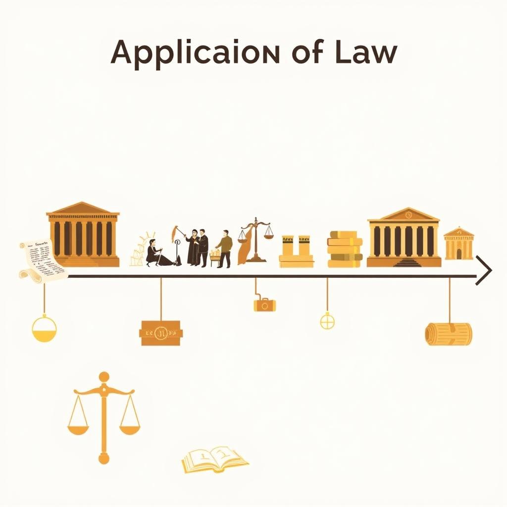 The application of law over time, depicting a historical timeline that includes various legal documents and symbols representing different eras of law enforcement and justice