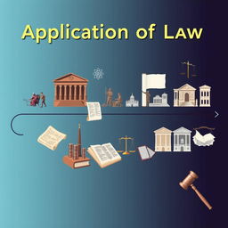 The application of law over time, depicting a historical timeline that includes various legal documents and symbols representing different eras of law enforcement and justice