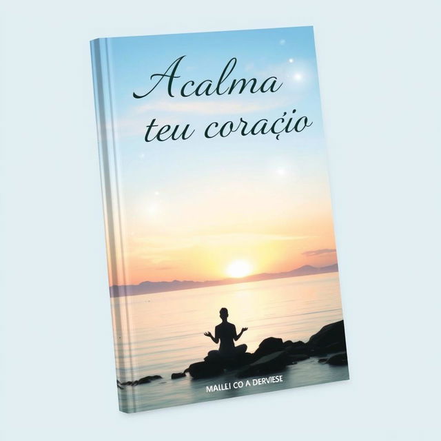 A serene book cover for "Acalma o teu coração", featuring a calming landscape with a gentle sunrise over a tranquil ocean