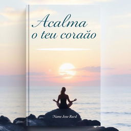 A serene book cover for "Acalma o teu coração", featuring a calming landscape with a gentle sunrise over a tranquil ocean