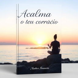 A serene book cover for "Acalma o teu coração", featuring a calming landscape with a gentle sunrise over a tranquil ocean