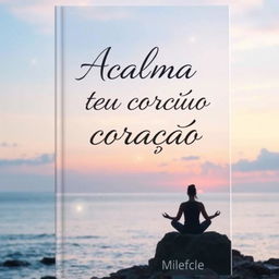 A serene book cover for "Acalma o teu coração", featuring a calming landscape with a gentle sunrise over a tranquil ocean