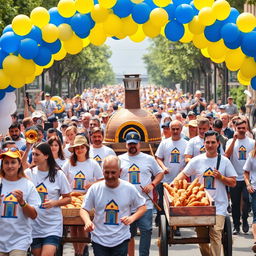 In a vibrant parade scene, a group of people is marching, all wearing matching white shirts adorned with a blue and yellow church design in the center