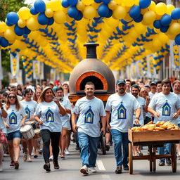 In a vibrant parade scene, a group of people is marching, all wearing matching white shirts adorned with a blue and yellow church design in the center