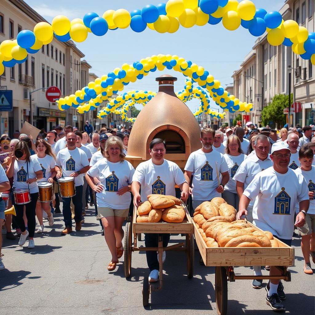 In a vibrant parade scene, a group of people is marching, all wearing matching white shirts adorned with a blue and yellow church design in the center