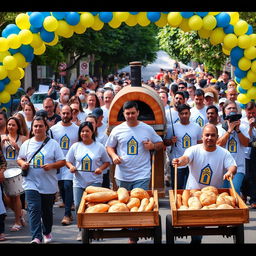 In a vibrant parade scene, a group of people is marching, all wearing matching white shirts adorned with a blue and yellow church design in the center