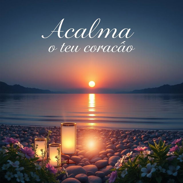 A calming and spiritual book cover for 'Acalma o teu coração', featuring a tranquil landscape with a serene sunset over a peaceful lake