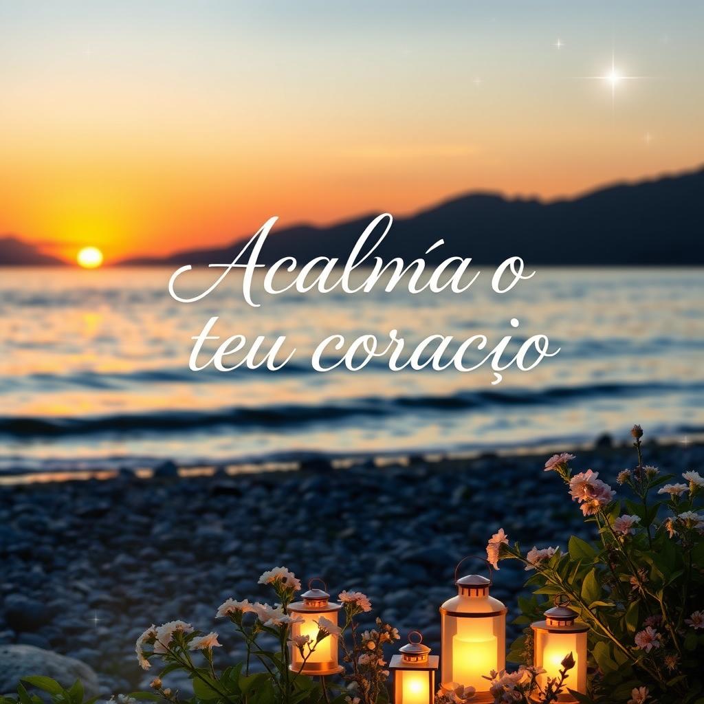 A calming and spiritual book cover for 'Acalma o teu coração', featuring a tranquil landscape with a serene sunset over a peaceful lake