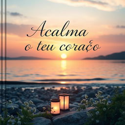 A calming and spiritual book cover for 'Acalma o teu coração', featuring a tranquil landscape with a serene sunset over a peaceful lake