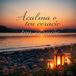 A calming and spiritual book cover for 'Acalma o teu coração', featuring a tranquil landscape with a serene sunset over a peaceful lake
