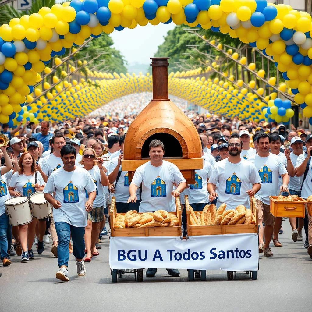 In a vibrant parade scene, a group of people marching in unison, all wearing matching white shirts featuring a blue and yellow church design in the center