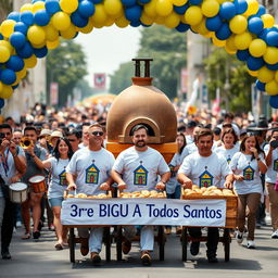 In a vibrant parade scene, a group of people marching in unison, all wearing matching white shirts featuring a blue and yellow church design in the center