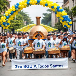 In a vibrant parade scene, a group of people marching in unison, all wearing matching white shirts featuring a blue and yellow church design in the center