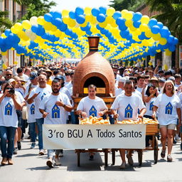 In a vibrant parade scene, a group of people marching in unison, all wearing matching white shirts featuring a blue and yellow church design in the center