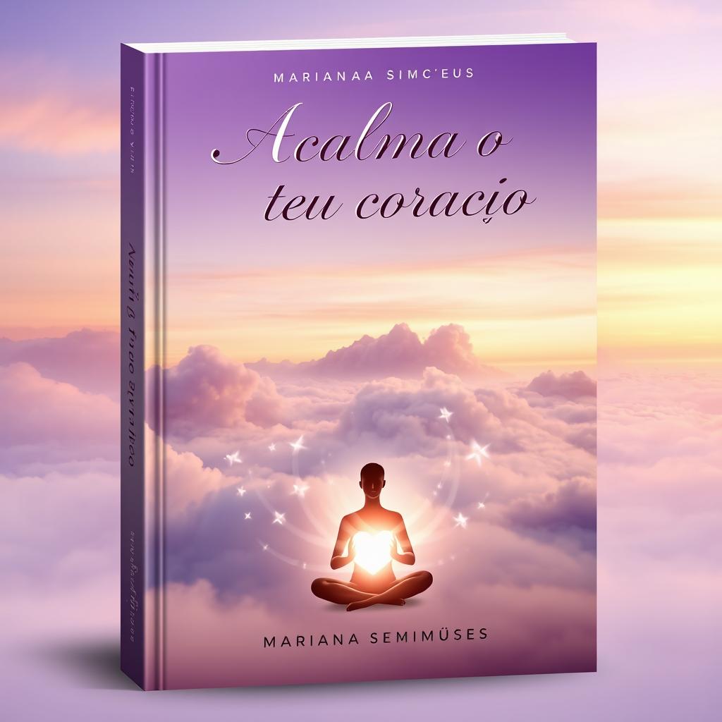 A serene and captivating book cover design for a spiritual theme titled 'Acalma o teu coração', authored by 'Mariana Simões, por Espíritos Diversos'