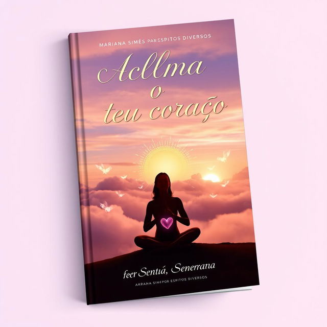 A serene and captivating book cover design for a spiritual theme titled 'Acalma o teu coração', authored by 'Mariana Simões, por Espíritos Diversos'