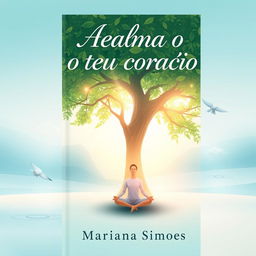 A beautifully designed book cover for a spiritual theme titled "Acalma o teu coração" by Mariana Simoes