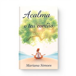 A beautifully designed book cover for a spiritual theme titled "Acalma o teu coração" by Mariana Simoes