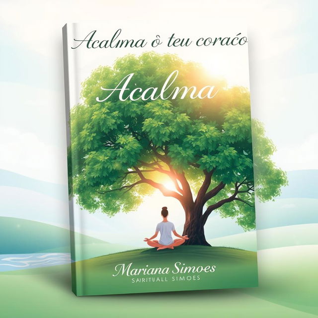 A beautifully designed book cover for a spiritual theme titled "Acalma o teu coração" by Mariana Simoes