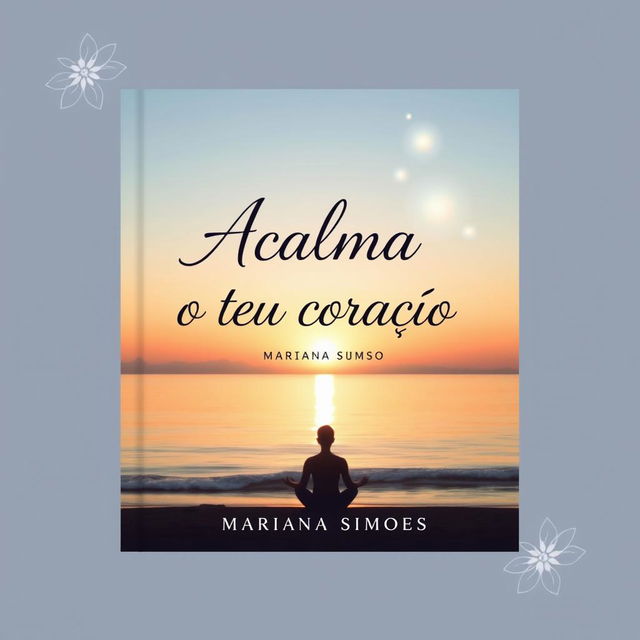 A serene book cover design for a spiritual theme titled 'Acalma o teu coração' by author Mariana Simoes