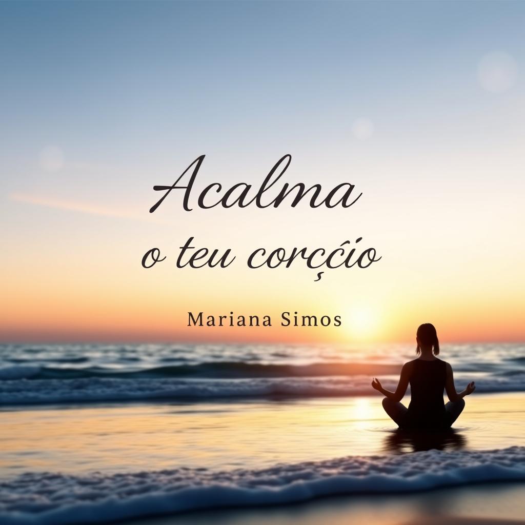 A serene book cover design for a spiritual theme titled 'Acalma o teu coração' by author Mariana Simoes