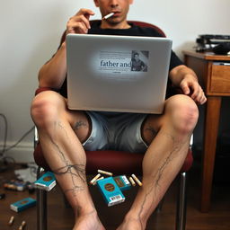 A young man sitting on a chair in front of a desk, with a laptop in front of him