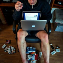 A young man sitting on a chair in front of a desk, with a laptop in front of him