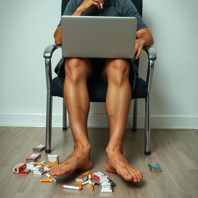 A young man sitting on a chair in front of a desk, with a laptop in front of him