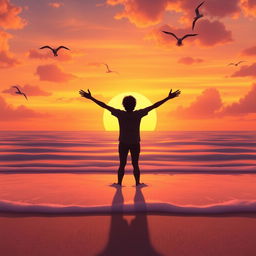 An animated photo capturing a vibrant sunset over a tranquil sea, with soft waves lapping against the shore and seagulls flying gracefully in the sky