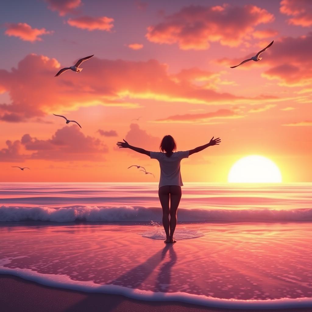 An animated photo capturing a vibrant sunset over a tranquil sea, with soft waves lapping against the shore and seagulls flying gracefully in the sky