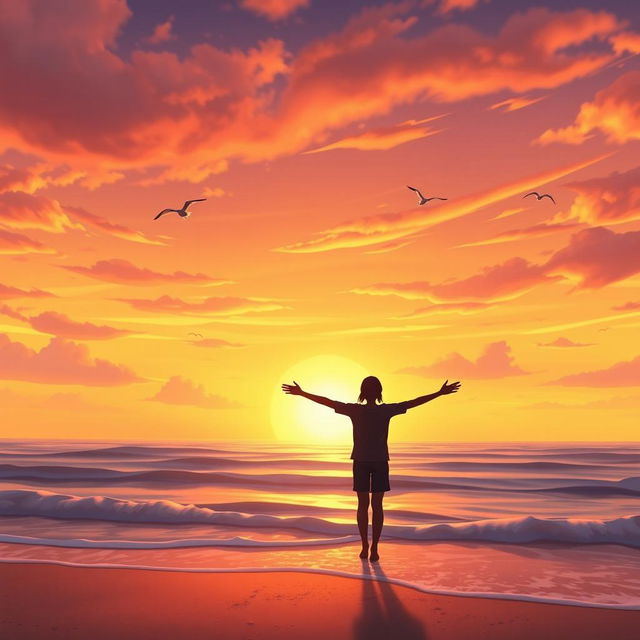 An animated photo capturing a vibrant sunset over a tranquil sea, with soft waves lapping against the shore and seagulls flying gracefully in the sky