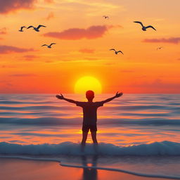 An animated photo capturing a vibrant sunset over a tranquil sea, with soft waves lapping against the shore and seagulls flying gracefully in the sky