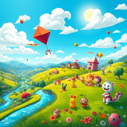 A vibrant and animated scene featuring a fantastical landscape filled with colorful characters, a lush green valley, rolling hills, and a sparkling river