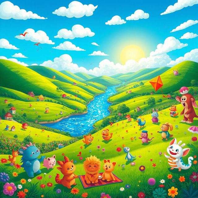 A vibrant and animated scene featuring a fantastical landscape filled with colorful characters, a lush green valley, rolling hills, and a sparkling river