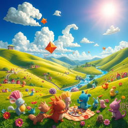 A vibrant and animated scene featuring a fantastical landscape filled with colorful characters, a lush green valley, rolling hills, and a sparkling river