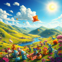 A vibrant and animated scene featuring a fantastical landscape filled with colorful characters, a lush green valley, rolling hills, and a sparkling river