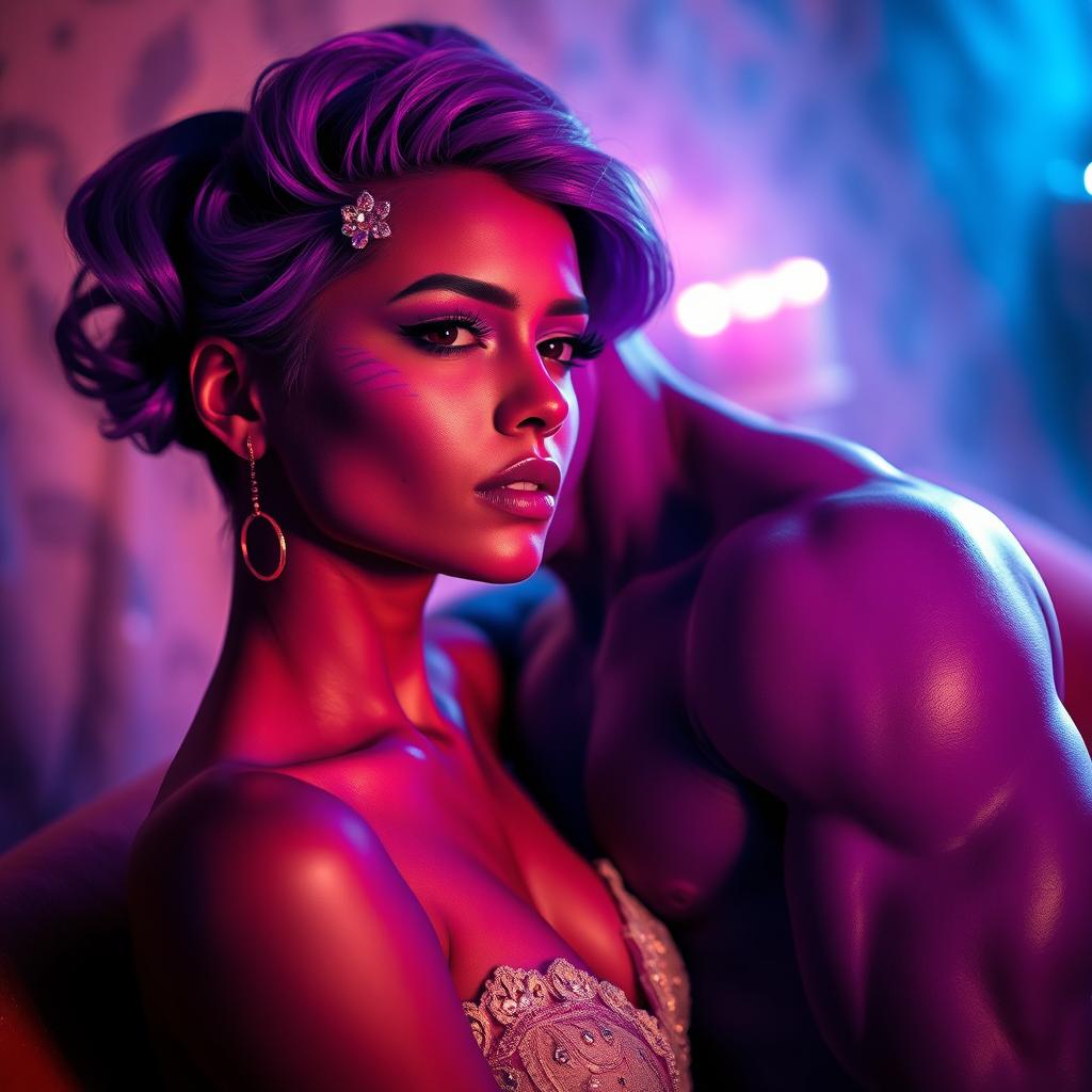 A captivating and colorful scene featuring a purple-skinned female and a purple-skinned shemale