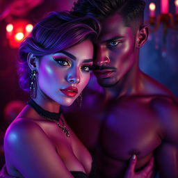 A captivating and colorful scene featuring a purple-skinned female and a purple-skinned shemale