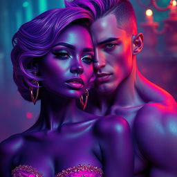 A captivating and colorful scene featuring a purple-skinned female and a purple-skinned shemale