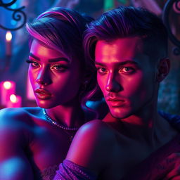 A captivating and colorful scene featuring a purple-skinned female and a purple-skinned shemale