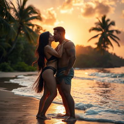A sensual scene featuring a couple embracing on a lush tropical beach during sunset, where the sun's warm hues cast an ethereal glow