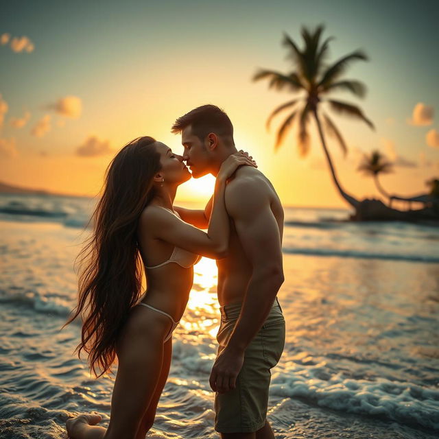 A sensual scene featuring a couple embracing on a lush tropical beach during sunset, where the sun's warm hues cast an ethereal glow