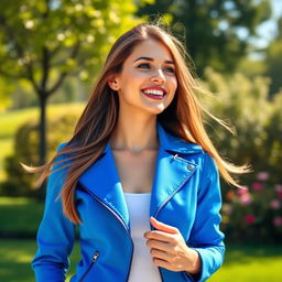 A beautiful young woman standing confidently in an outdoor setting, wearing a stylish and modern jacket that fits her perfectly