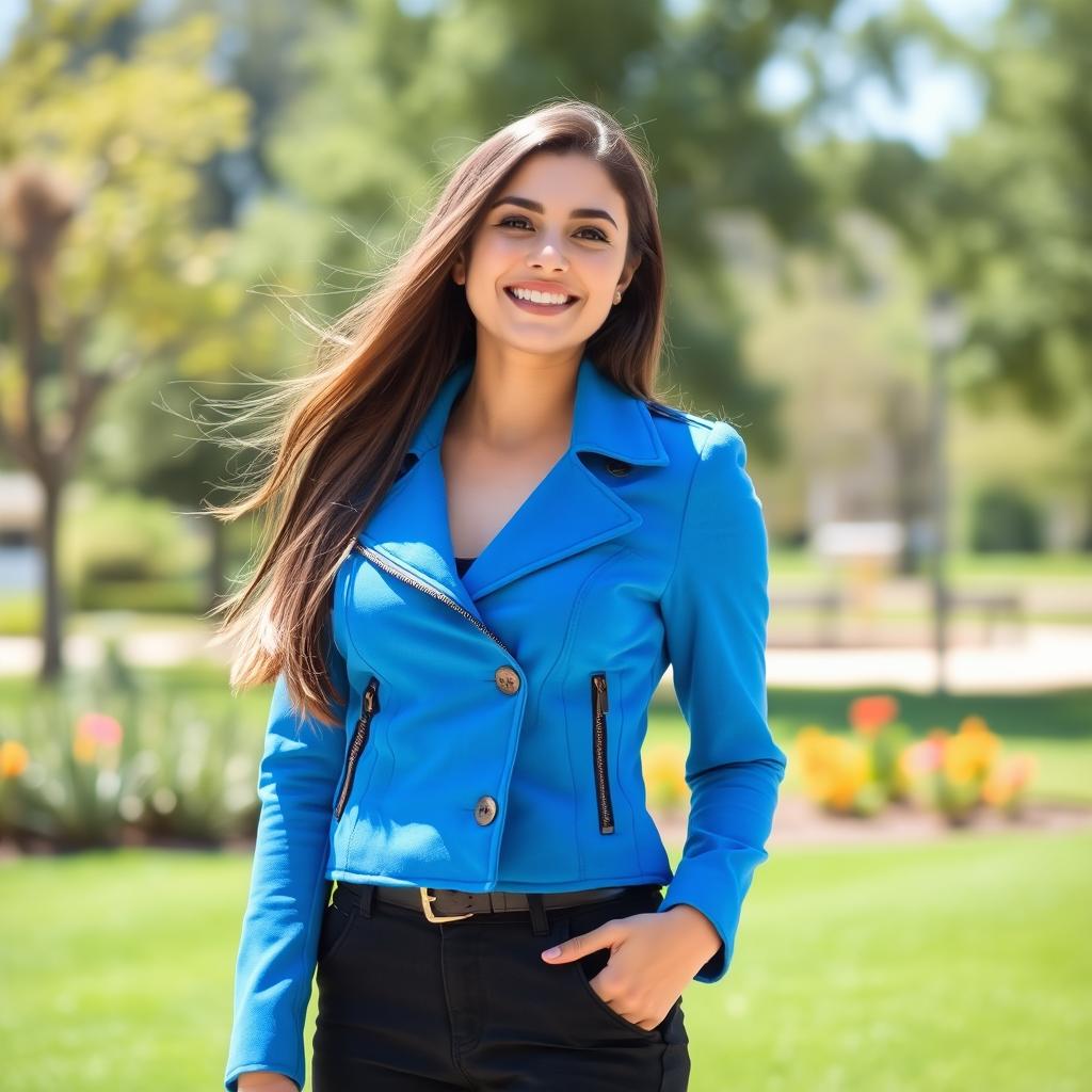 A beautiful young woman standing confidently in an outdoor setting, wearing a stylish and modern jacket that fits her perfectly