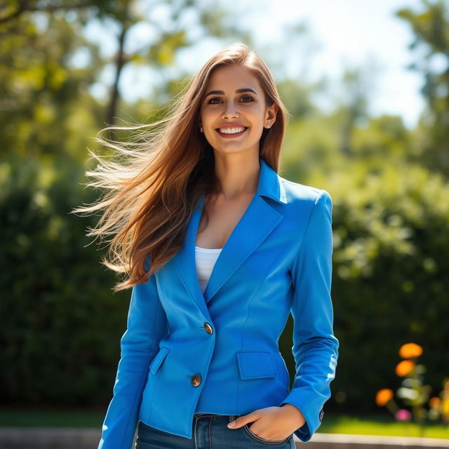 A beautiful young woman standing confidently in an outdoor setting, wearing a stylish and modern jacket that fits her perfectly