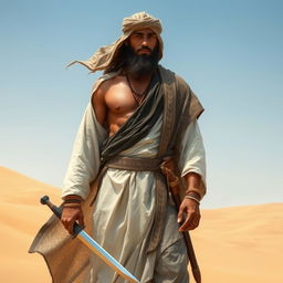 A depiction of a brave Arab warrior from the pre-Islamic era, wearing traditional attire such as a flowing white thobe, a dark-colored agal, and a lightweight, intricately patterned cloak